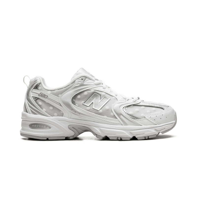 New Balance 530 White Silver Polka Dot Mesh Sneakers